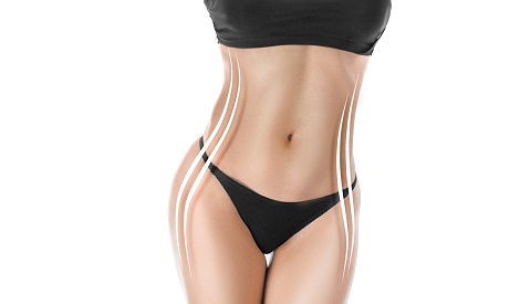 Close up photo of a sporty tanned woman's body with a figure correction lines. Isolated over white background.